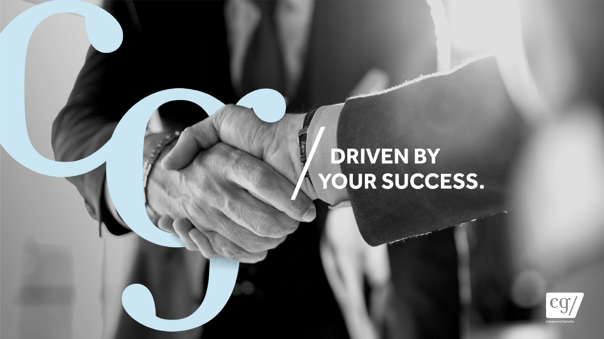 Two people shaking hands. Text reads 'Driven by your success'.